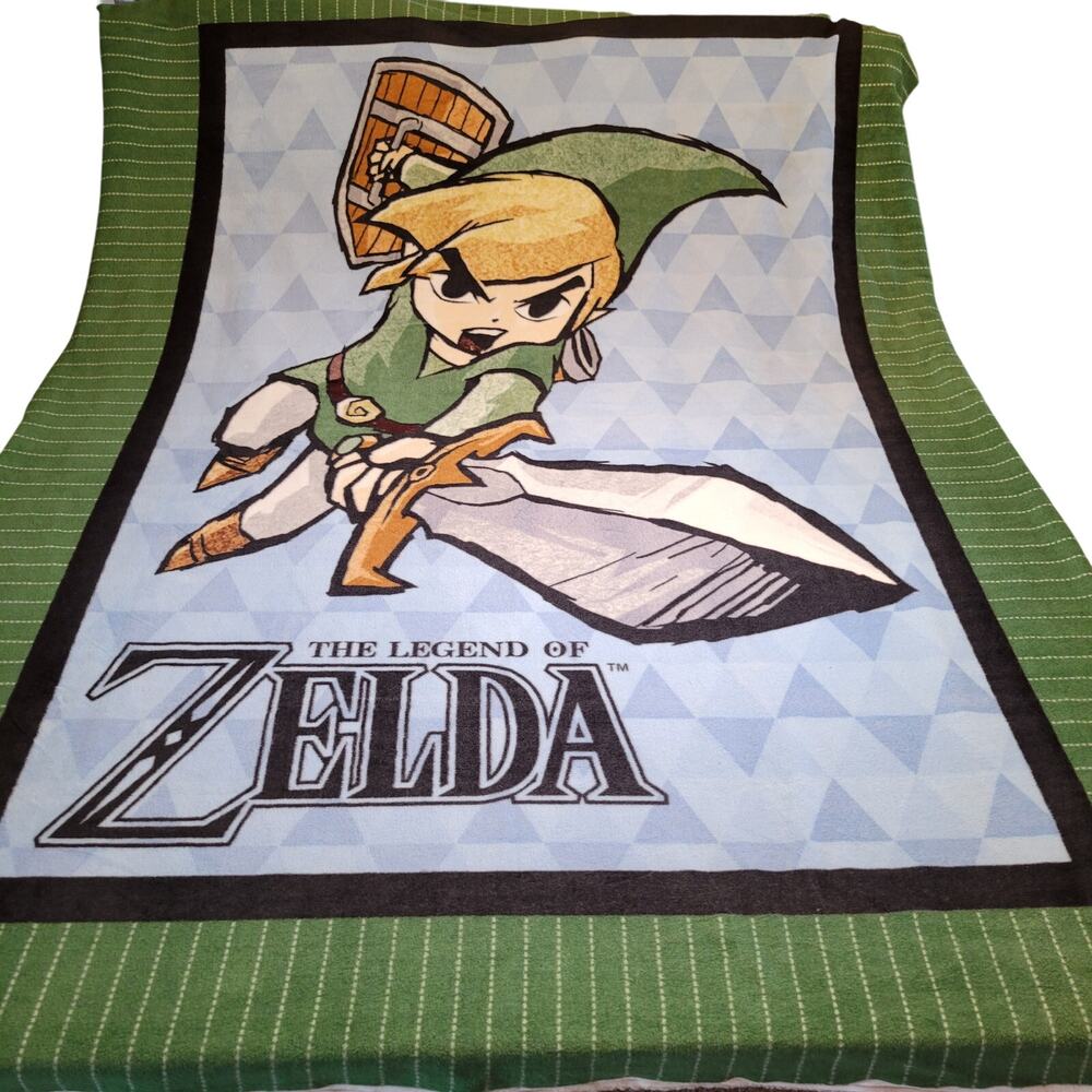 Legend of Zelda Link Fleece Throw Blanket 64x49" Cartoon Panel Green Fabric RARE